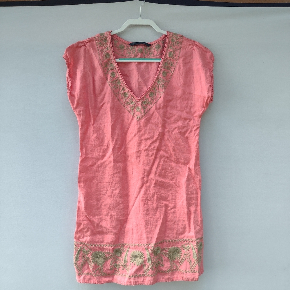 Zara Basic 100% linen pink dress embroidery size S